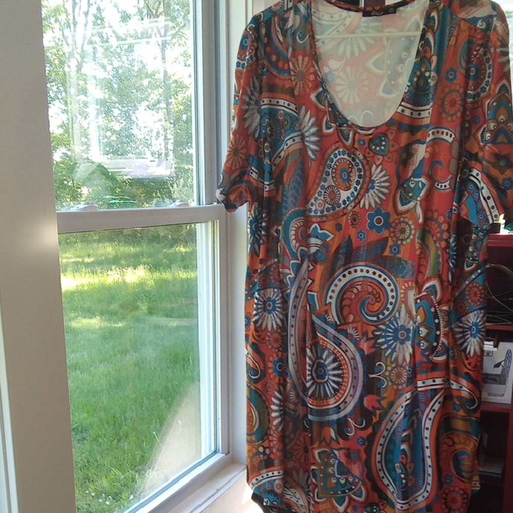 Lily Orange and Blue Midi Sundress with Scoop Neck